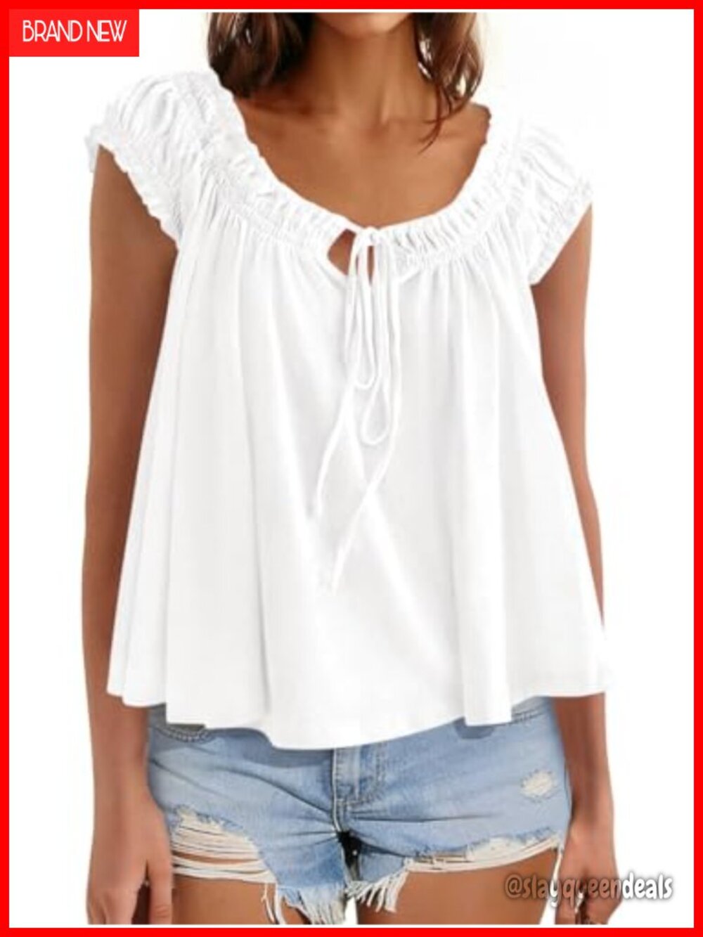 Cute Babydoll Flowy Peplum Top with Cap Ruffle Sleeves | Scoop Neck Tie Front